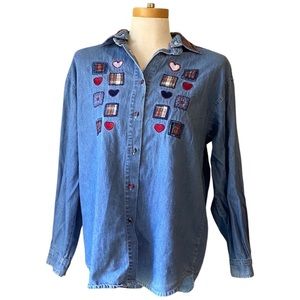 Vintage Denim Heart Patchwork Momcore Button Down Shirt With Plaid Collar